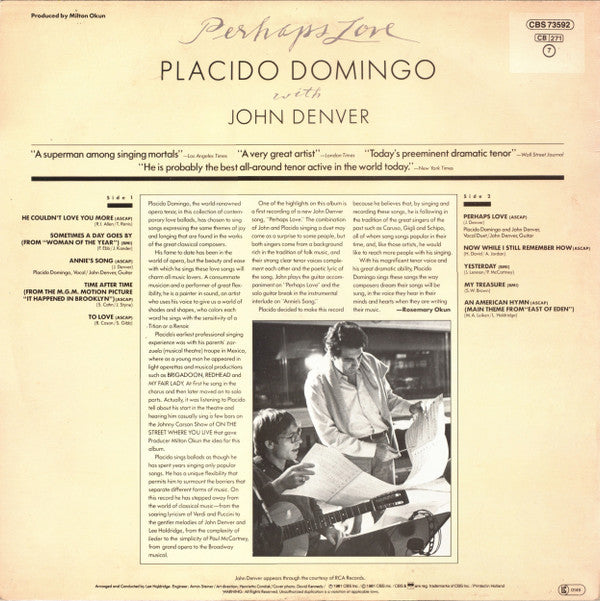 Placido Domingo With John Denver ‎– Perhaps Love  (1981)