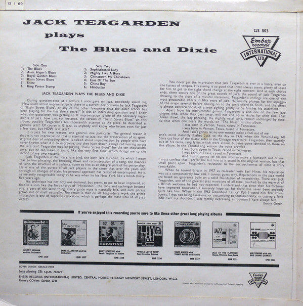 Jack Teagarden ‎– Plays Blues And Dixie  (1963)