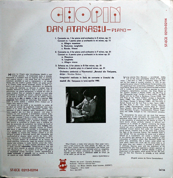 Chopin* - Piano: Dan Atanasiu, Symphony Orchestra of the „Banatul” Philharmonic in Timișoara*   (1983)