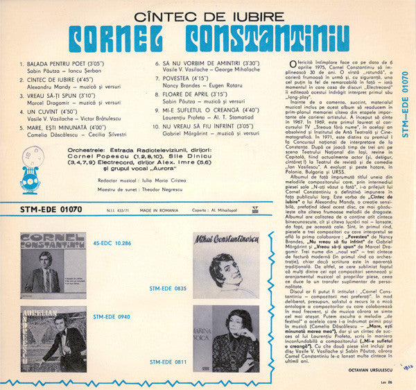 Cornel Constantiniu ‎– Cîntec De Iubire  (1975)