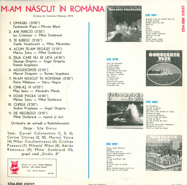 Various ‎– M-am Născut În România (Cîntece Din Festivalul Mamaia 1974)  (1975)