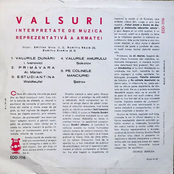 Muzica Reprezentativă A Armatei* ‎– Valsuri  (1966)     10"