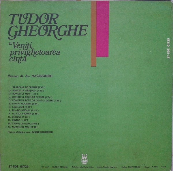 Tudor Gheorghe Versuri De Al. Macedonski* ‎– Veniți, Privighetoarea Cîntă  (1980)