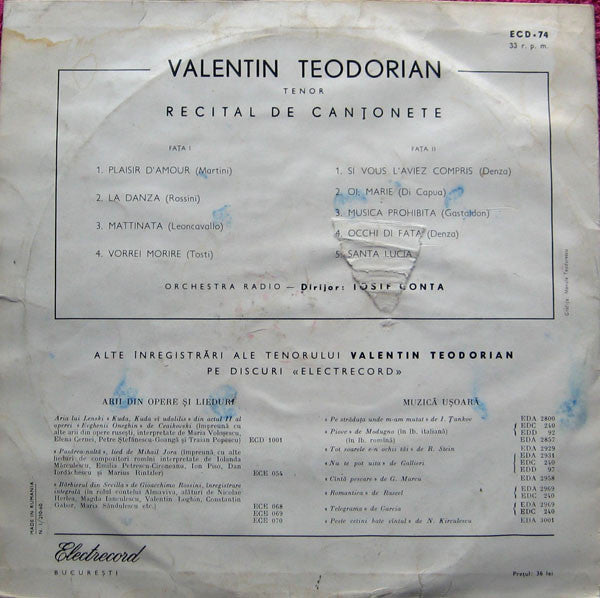 Valentin Teodorian ‎– Recital De Canțonete