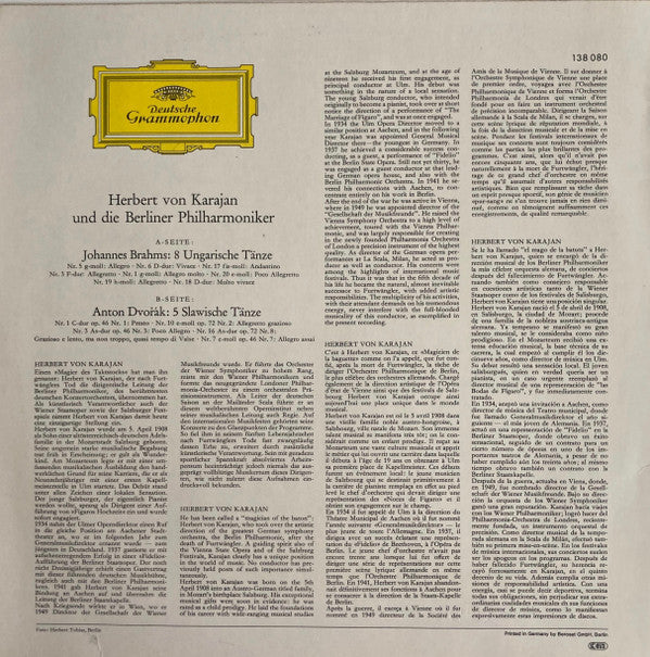 Johannes Brahms & Antonín Dvořák, Berliner Philharmoniker / Herbert Von Karajan ‎– Dances By Brahms & Dvořák
