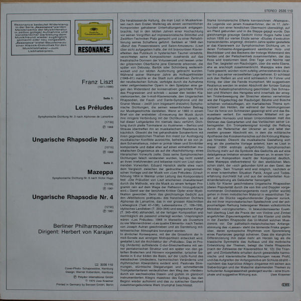 Herbert von Karajan - Franz Liszt - Berliner Philharmoniker ‎– Les Preludes : Ungarische Rhapsodien Nr.2 & 4 Mazeppa