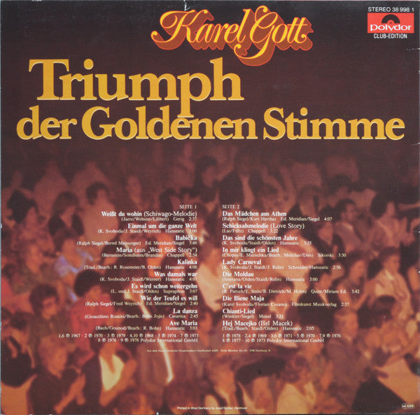 Karel Gott ‎– Triumph Der Goldenen Stimme (20 Gefeierte Erfolge)  (1979)